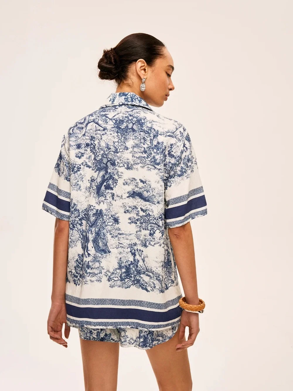 Commense Blue Printed Contrast Trim Shorts Set S | European Summer Co-Ord